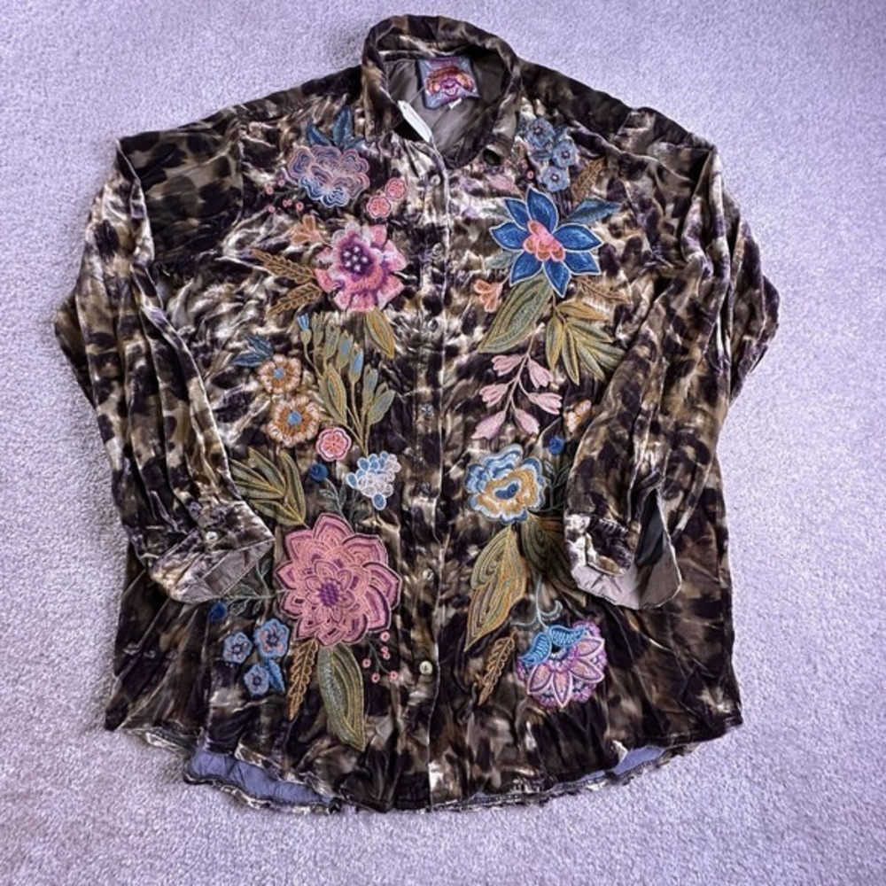 Johnny Was Bianca Shirt Women's S‎ Brown Velvet Oversized Floral Embroidered